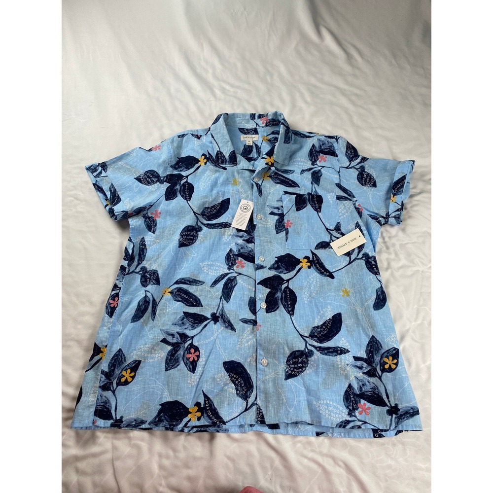 Sun + Stone Mens XXL Blue Tropical Floral Short Sleeve Button Down Shirt New
